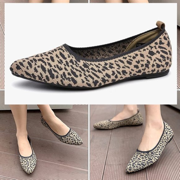Shoes - Leopard Print Pointed Toe Knit Texture Ballet Flats  NEW!!
